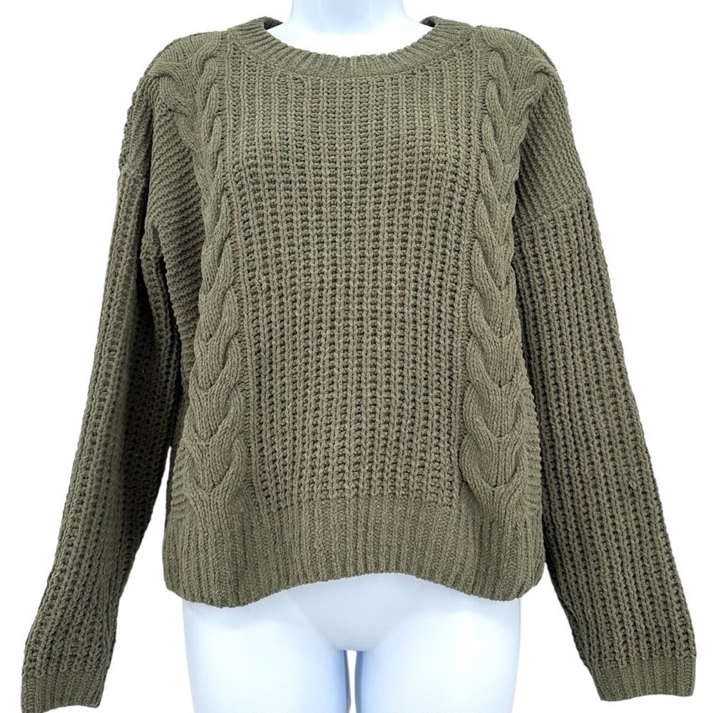 Urban Outfitters SO Sweater Chenille Cable Knit Olive Green Crewneck Size Medium